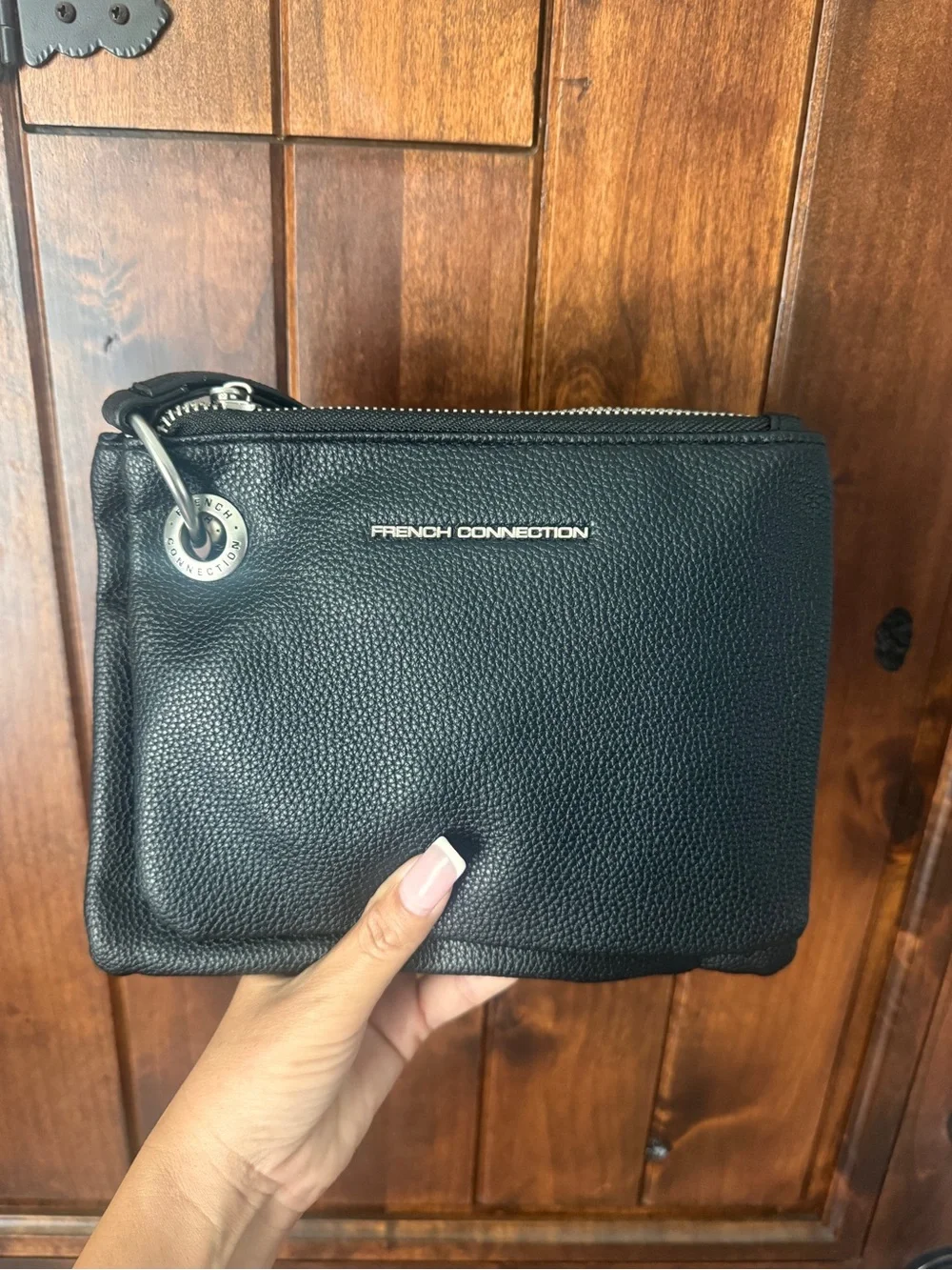 French Connection Black Pebbled Leather Double-Zip Wristlet